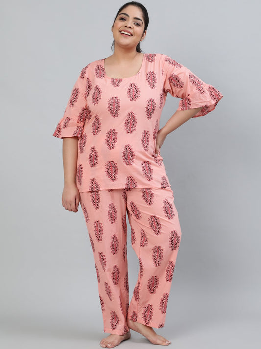 Women's Plus Size Pink Printed Night Suit With Half Sleeves