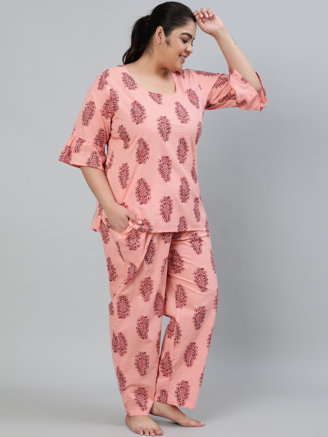 Women's Plus Size Pink Printed Night Suit With Half Sleeves