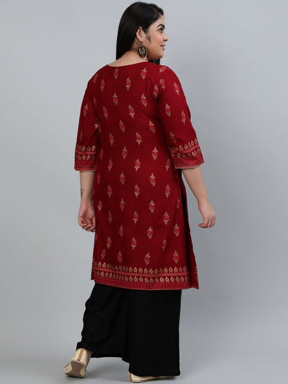 Women's Plus Size Maroon & Gold Printed Staright Kurta With Three Quarter Sleeves