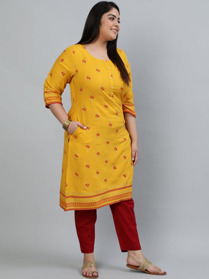 Women's Plus Size Yellow & Gold Printed Staright Kurta With Three Quarter Sleeves