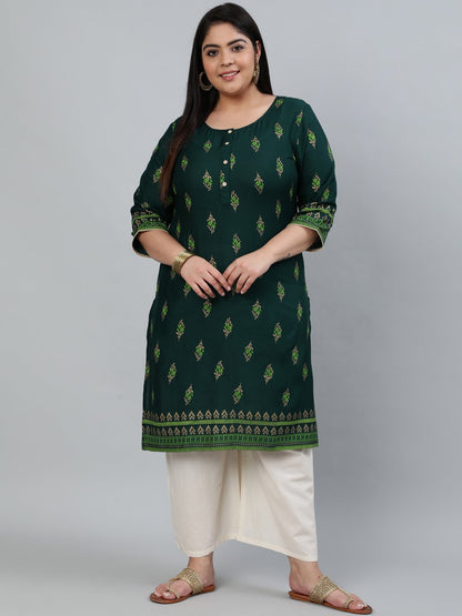 Women's Plus Size Green & Gold Printed Staright Kurta With Three Quarter Sleeves