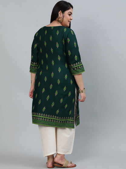 Women's Plus Size Green & Gold Printed Staright Kurta With Three Quarter Sleeves
