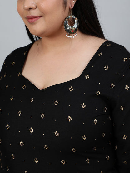 Women's Plus Size Black & Gold Printed Staright Kurta With Three Quarter Sleeves