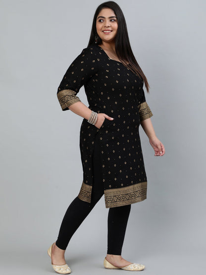 Women's Plus Size Black & Gold Printed Staright Kurta With Three Quarter Sleeves