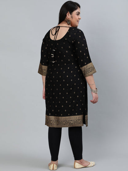 Women's Plus Size Black & Gold Printed Staright Kurta With Three Quarter Sleeves