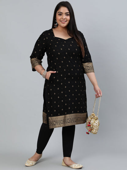 Women's Plus Size Black & Gold Printed Staright Kurta With Three Quarter Sleeves