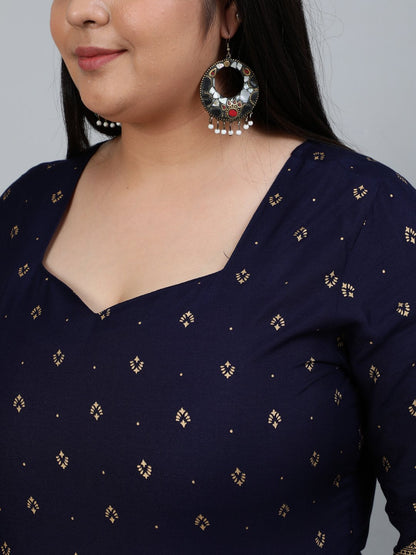 Women's Plus Size Navy Blue & Gold Printed Staright Kurta With Three Quarter Sleeves