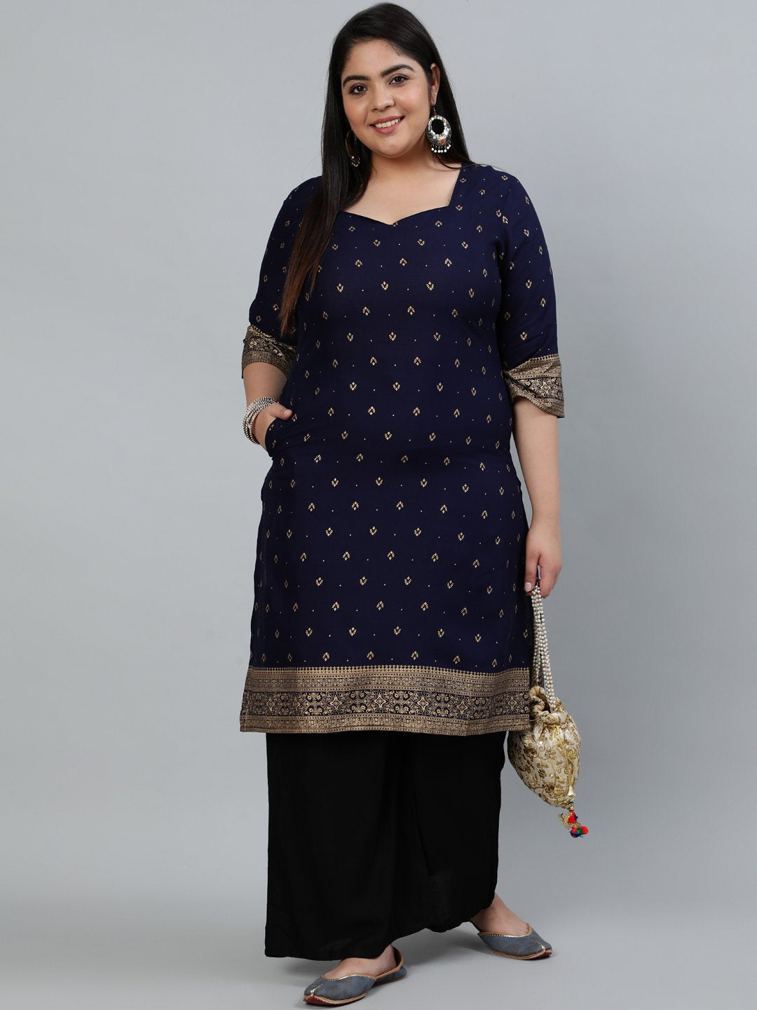 Women's Plus Size Navy Blue & Gold Printed Staright Kurta With Three Quarter Sleeves