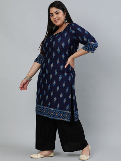 Women's Plus Size Navy Blue & Gold Printed Staright Kurta With Three Quarter Sleeves