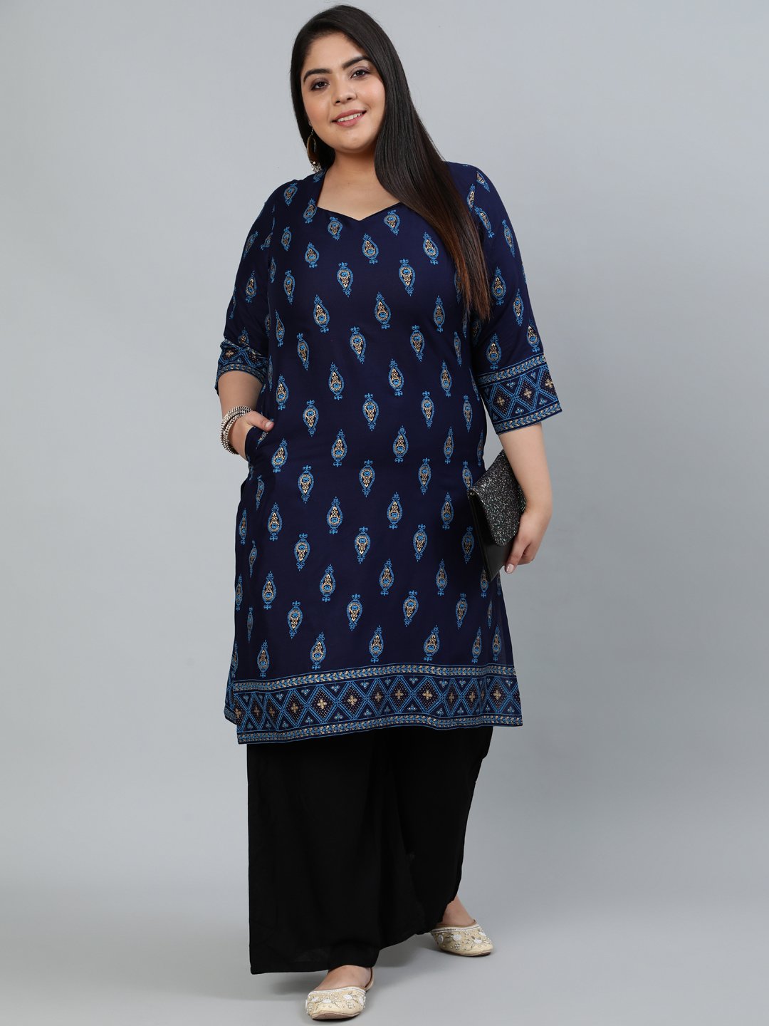 Women's Plus Size Navy Blue & Gold Printed Staright Kurta With Three Quarter Sleeves