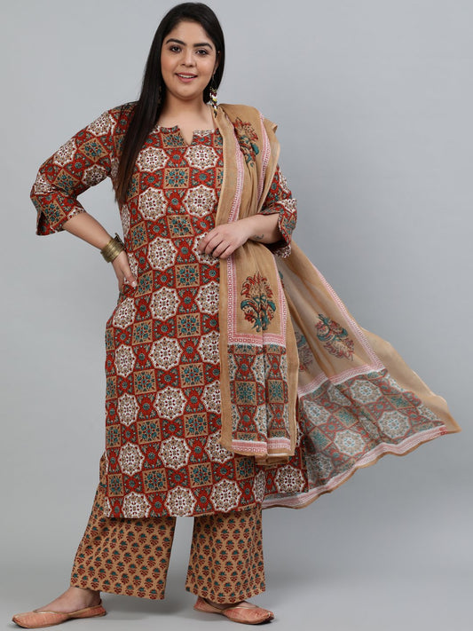 Women's Plus Size Brown Printed Straight Kurta With Palazo & Dupatta