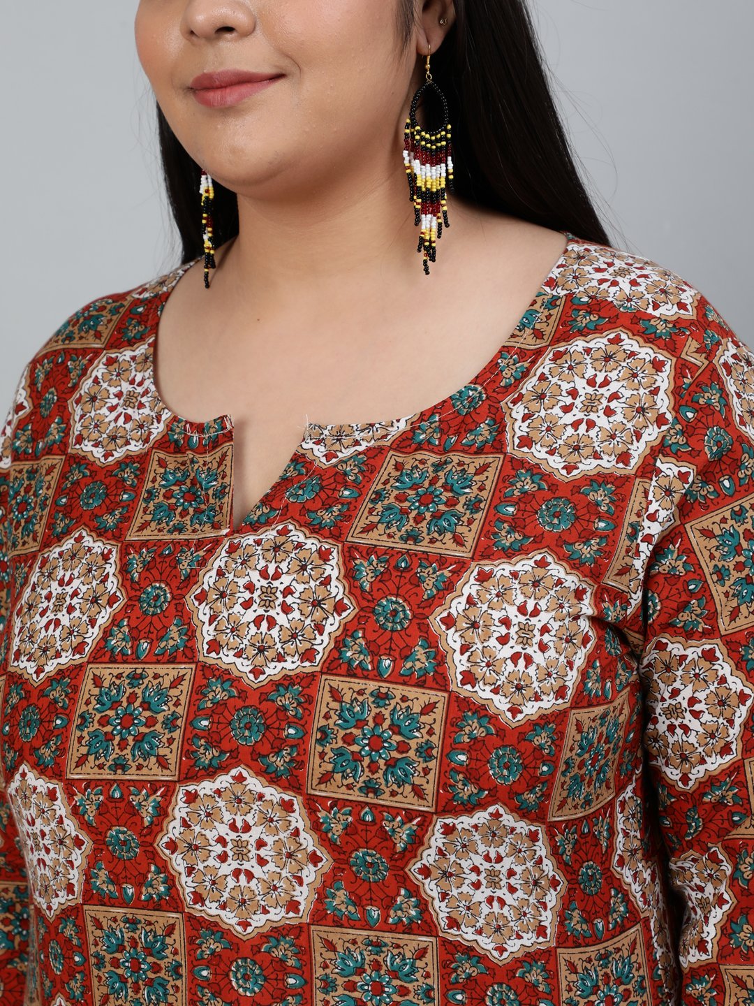 Women's Plus Size Brown Printed Straight Kurta With Palazo & Dupatta