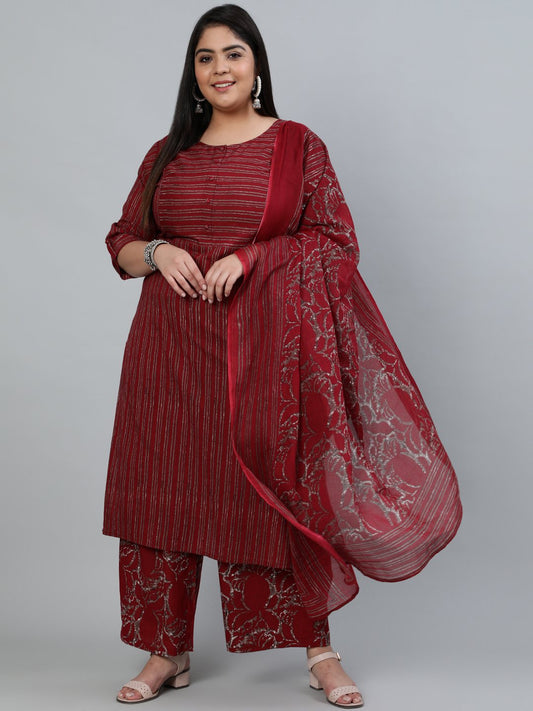 Women's Plus Size Maroon Printed Straight Kurta With Palazo & Dupatta