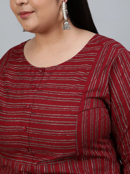 Women's Plus Size Maroon Printed Straight Kurta With Palazo & Dupatta