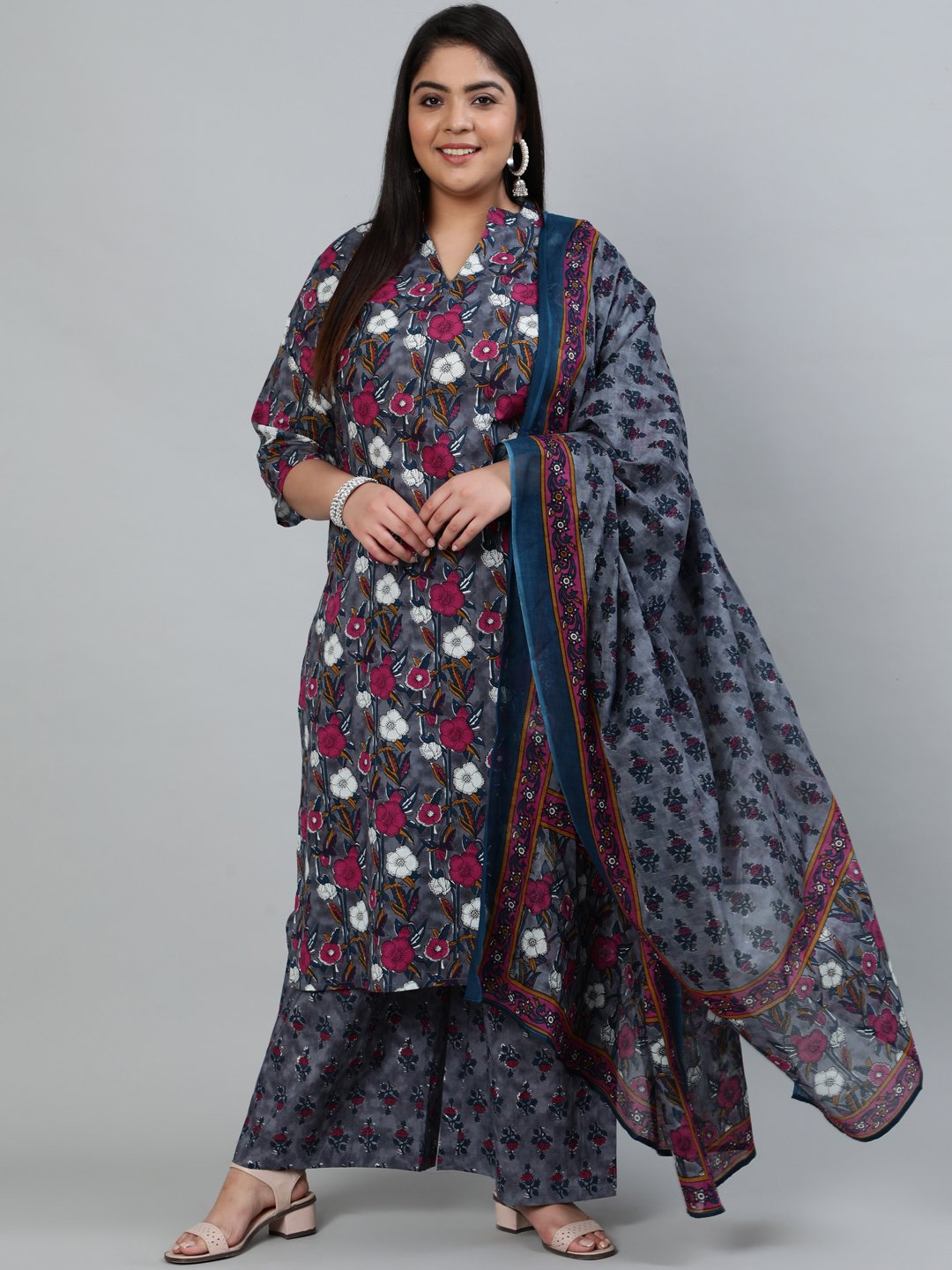 Women's Plus Size Grey Printed Straight Kurta With Palazo & Dupatta