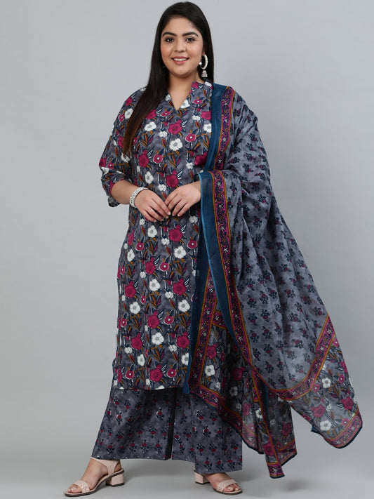 Women's Plus Size Grey Printed Straight Kurta With Palazo & Dupatta