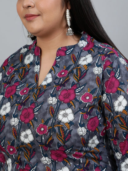 Women's Plus Size Grey Printed Straight Kurta With Palazo & Dupatta