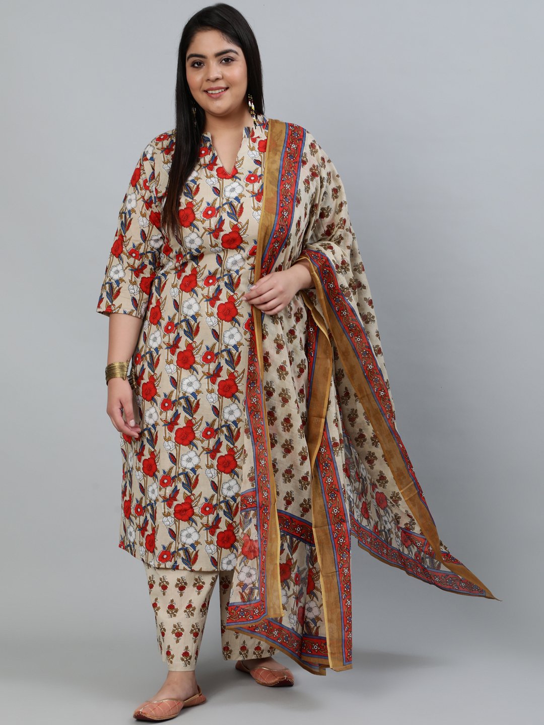Women's Plus Size Cream Printed Straight Kurta With Palazo & Dupatta