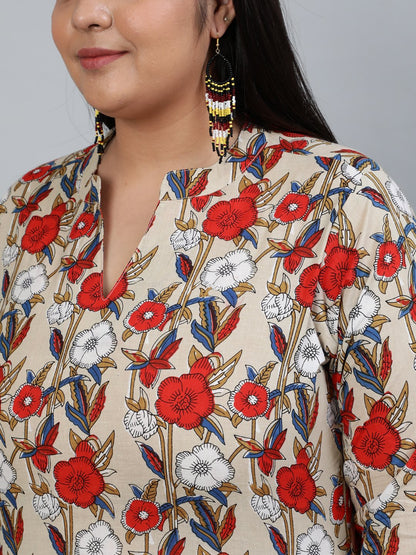 Women's Plus Size Cream Printed Straight Kurta With Palazo & Dupatta