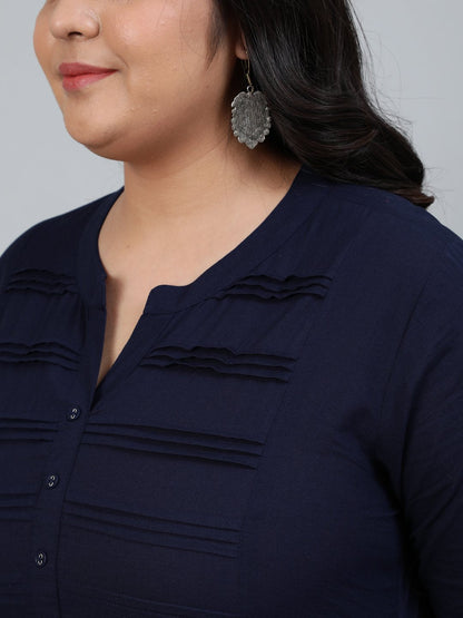 Women's Plus Size Navy Blue Pleated Tunic With Three Quarter Sleeves