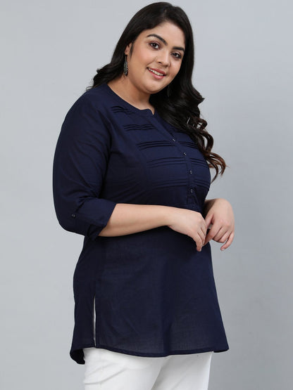 Women's Plus Size Navy Blue Pleated Tunic With Three Quarter Sleeves