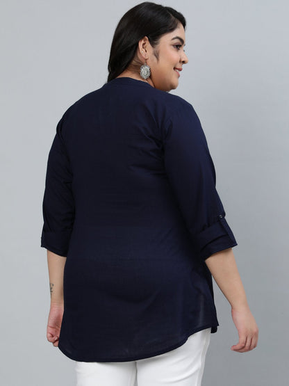 Women's Plus Size Navy Blue Pleated Tunic With Three Quarter Sleeves