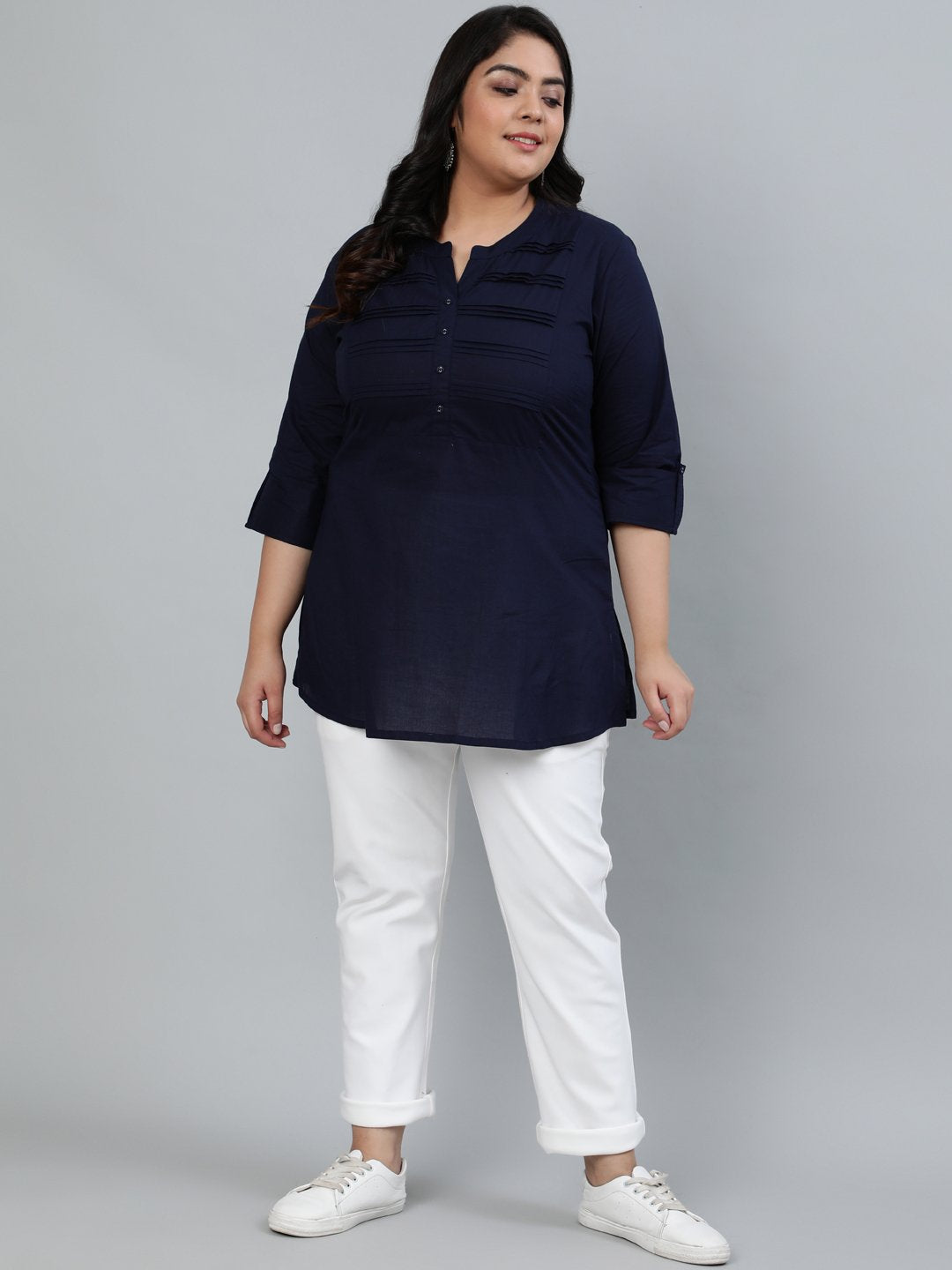 Women's Plus Size Navy Blue Pleated Tunic With Three Quarter Sleeves