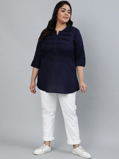 Women's Plus Size Navy Blue Pleated Tunic With Three Quarter Sleeves
