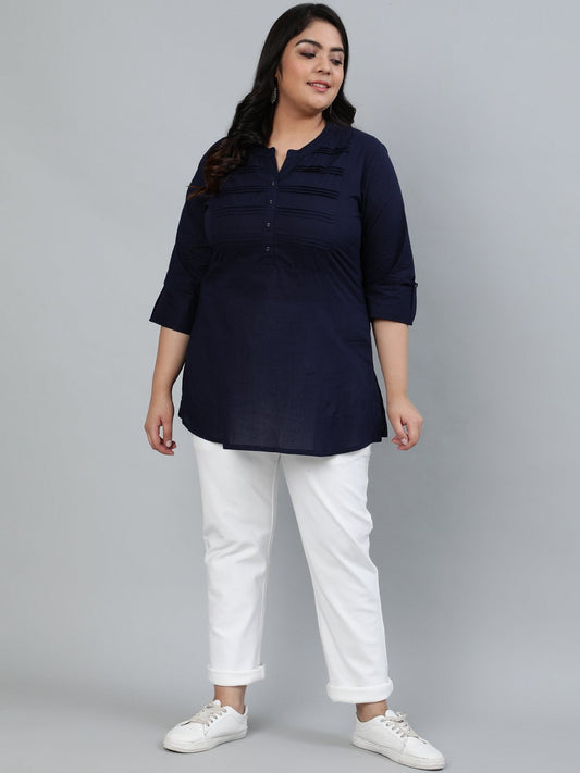 Women's Plus Size Navy Blue Pleated Tunic With Three Quarter Sleeves
