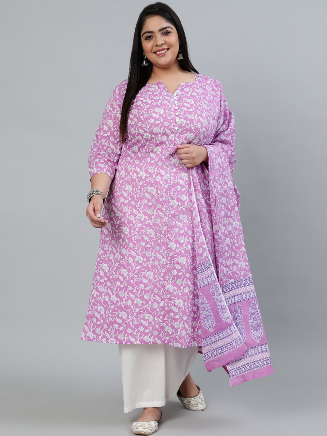 Women's Plus Size Purple Printed Straight Kurta With Palazo & Dupatta