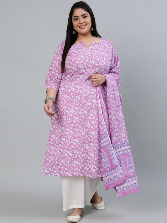 Women's Plus Size Purple Printed Straight Kurta With Palazo & Dupatta