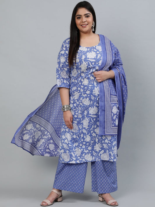 Women's Plus Size Purple Printed Straight Kurta With Palazo & Dupatta