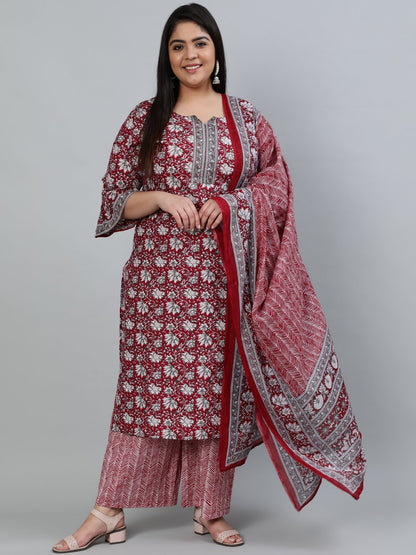 Women's Plus Size Red Printed Straight Kurta With Palazo & Dupatta
