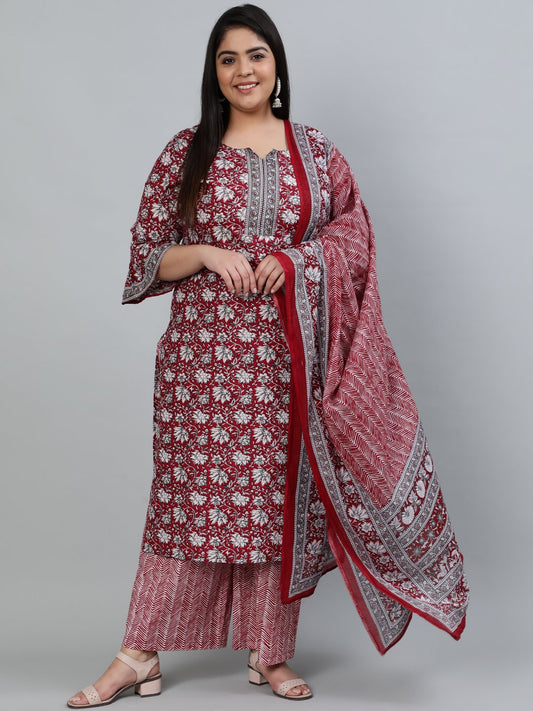 Women's Plus Size Red Printed Straight Kurta With Palazo & Dupatta