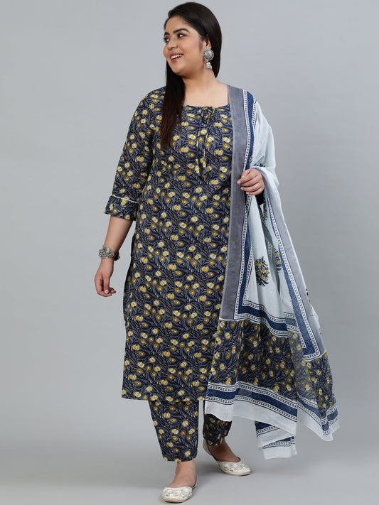 Women's Plus Size Grey Printed Straight Kurta With Trouser & Dupatta