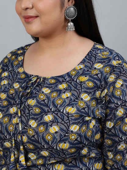 Women's Plus Size Grey Printed Straight Kurta With Trouser & Dupatta
