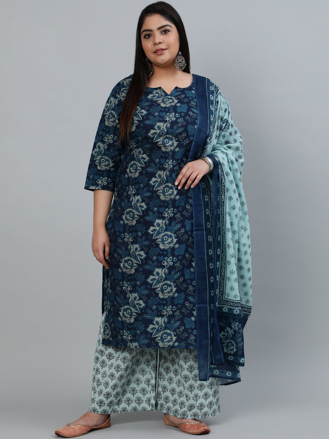 Women's Blue Printed Straight Kurta With Plazzo & Dupatta