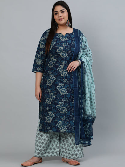 Women's Blue Printed Straight Kurta With Plazzo & Dupatta
