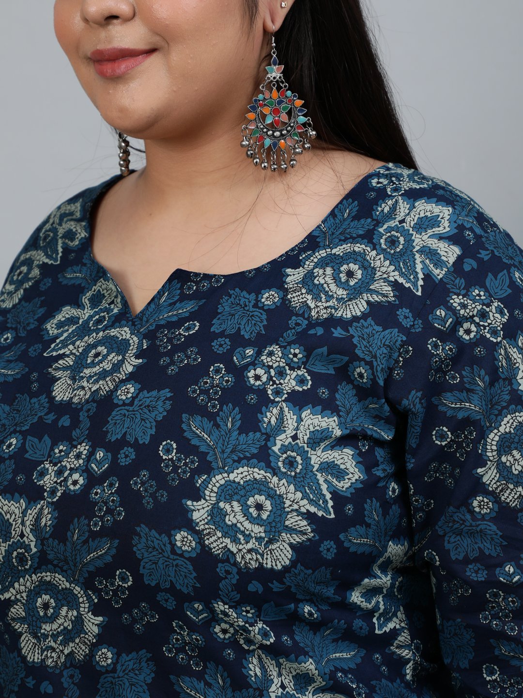 Women's Blue Printed Straight Kurta With Plazzo & Dupatta