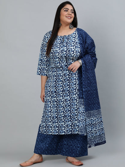 Women's Plus Size Blue Printed Straight Kurta With Palazo & Dupatta