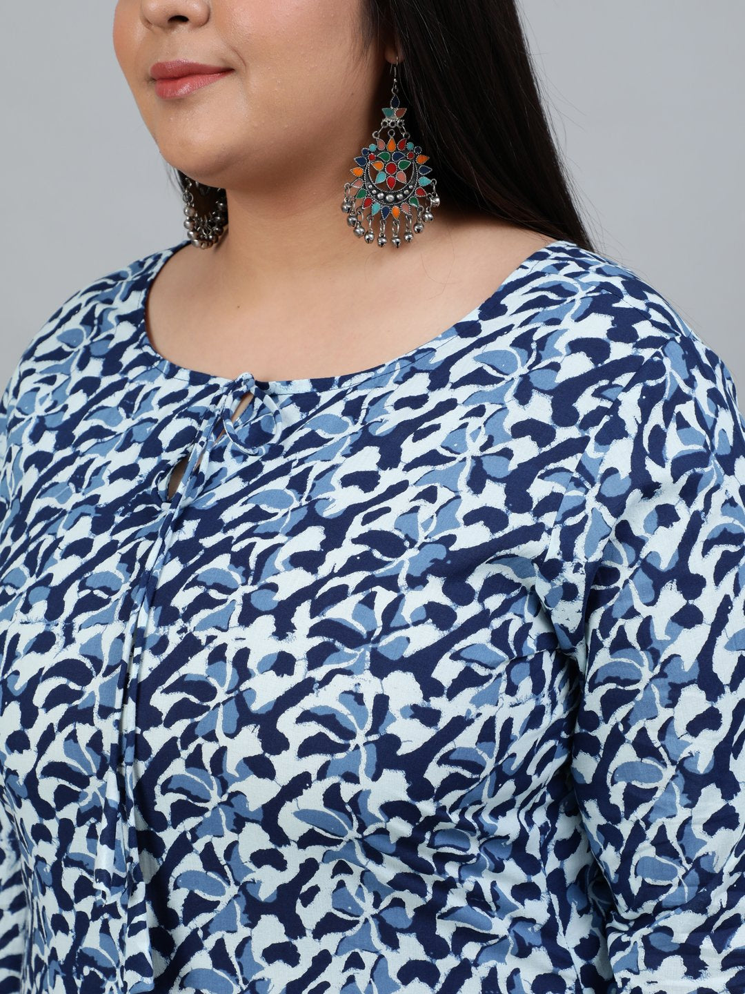 Women's Plus Size Blue Printed Straight Kurta With Palazo & Dupatta