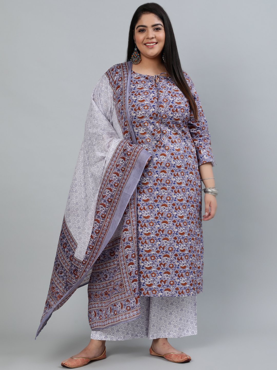 Women's Plus Size Grey Printed Straight Kurta With Palazo & Dupatta