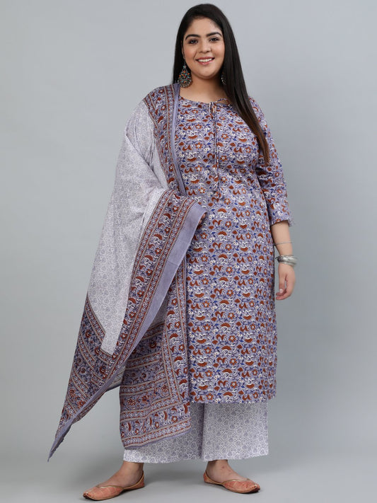 Women's Plus Size Grey Printed Straight Kurta With Palazo & Dupatta