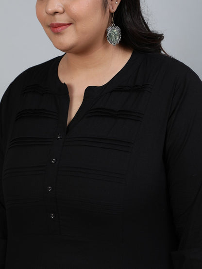 Women's Plus Size Black Pleated Tunic With Three Quarter Sleeves