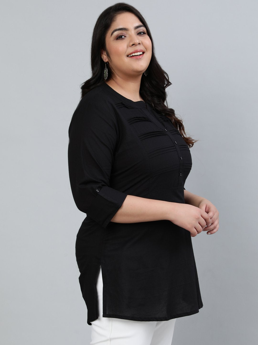 Women's Plus Size Black Pleated Tunic With Three Quarter Sleeves