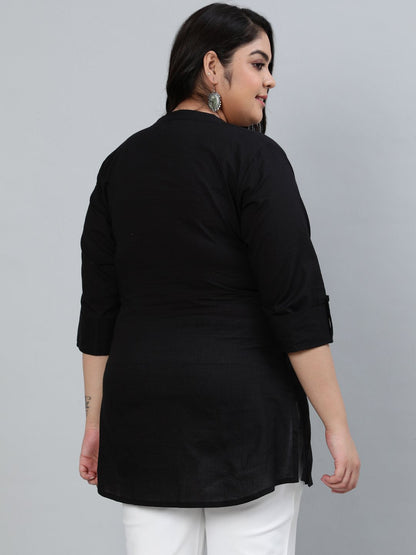 Women's Plus Size Black Pleated Tunic With Three Quarter Sleeves