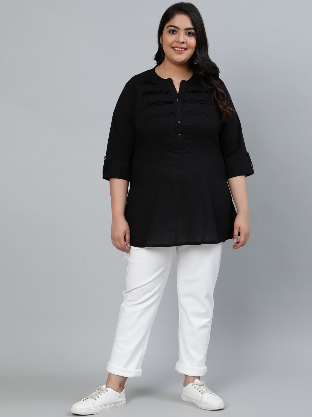 Women's Plus Size Black Pleated Tunic With Three Quarter Sleeves