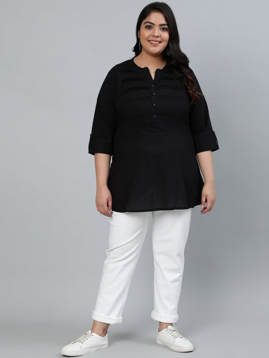 Women's Plus Size Black Pleated Tunic With Three Quarter Sleeves