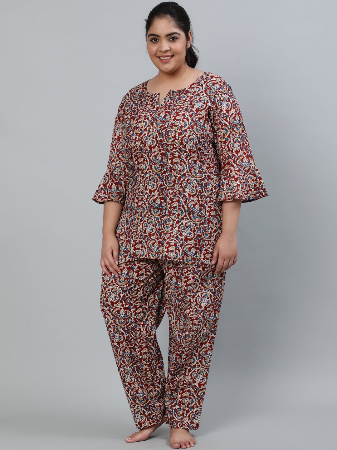 Women's Plus Size Maroon Printed Night Suit With Three Quarters Flared Sleeves