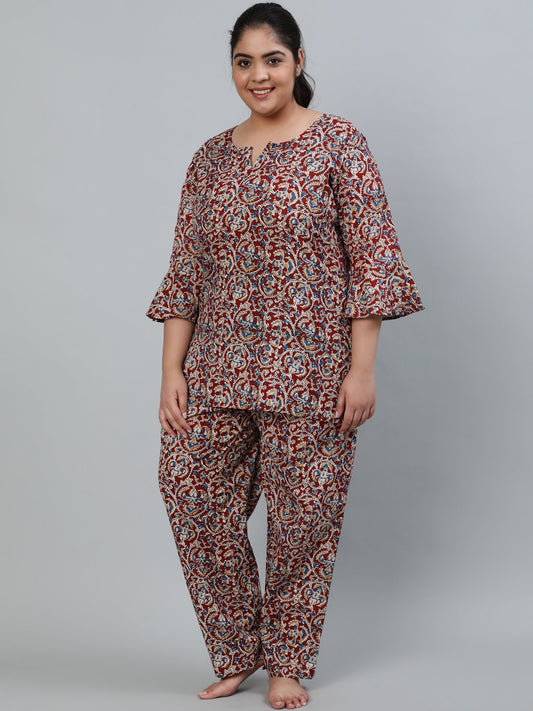 Women's Plus Size Maroon Printed Night Suit With Three Quarters Flared Sleeves